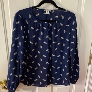 women’s light weight navy long sleeve feather design blouse